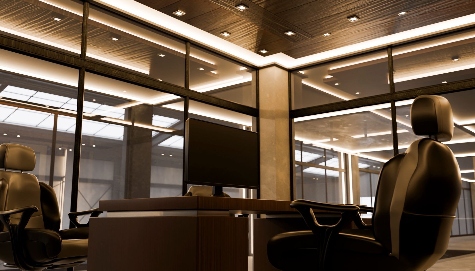 Modern office interior with two executive chairs and computer monitor - 3D render